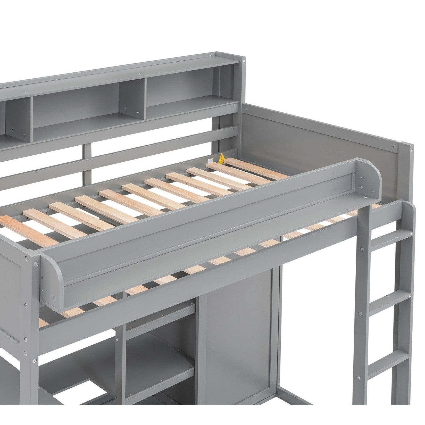 Wood Twin Size Loft bed with Multiple Storage Shelves and Wardrobe, Gray