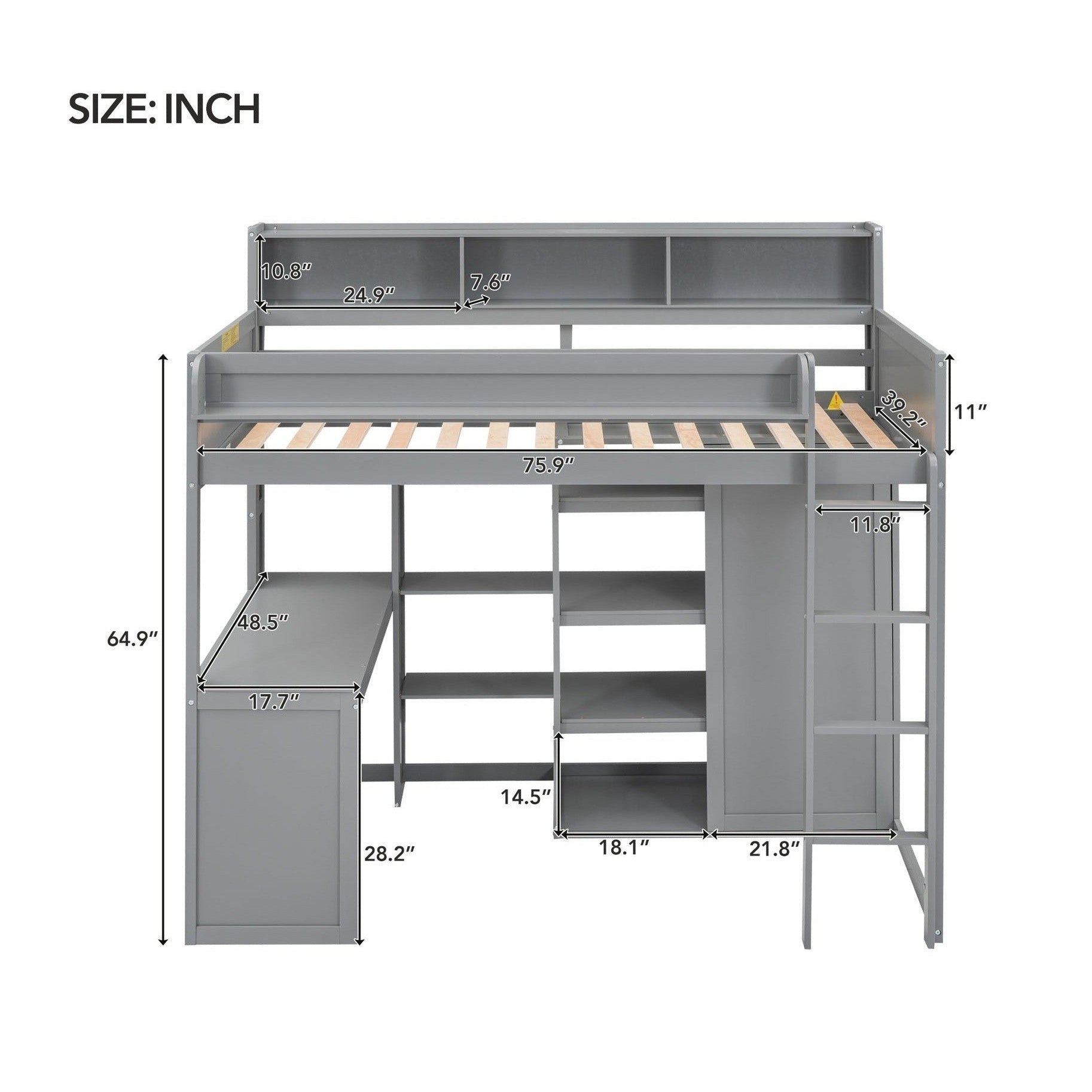 Wood Twin Size Loft bed with Multiple Storage Shelves and Wardrobe, Gray