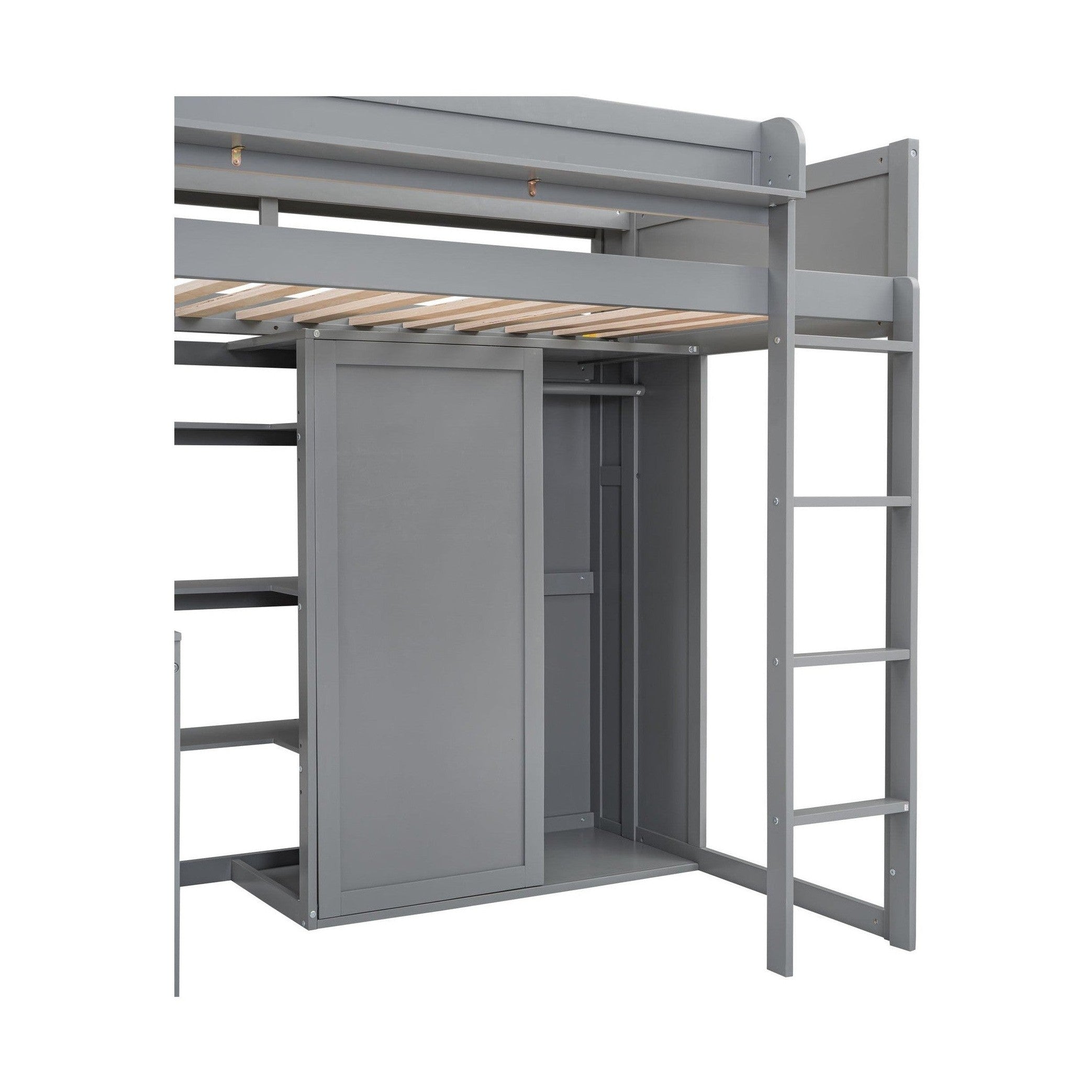 Wood Twin Size Loft bed with Multiple Storage Shelves and Wardrobe, Gray