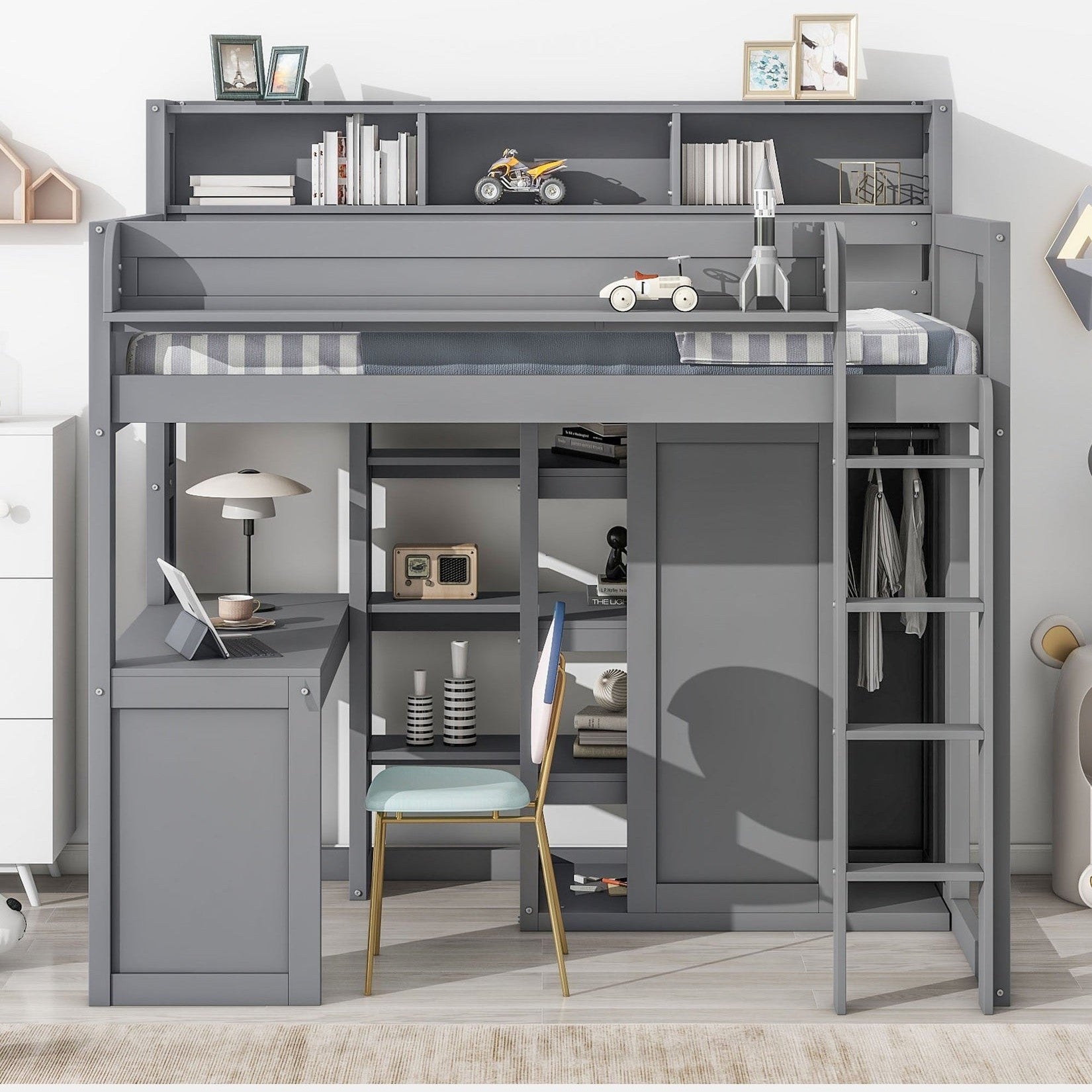 Wood Twin Size Loft bed with Multiple Storage Shelves and Wardrobe, Gray