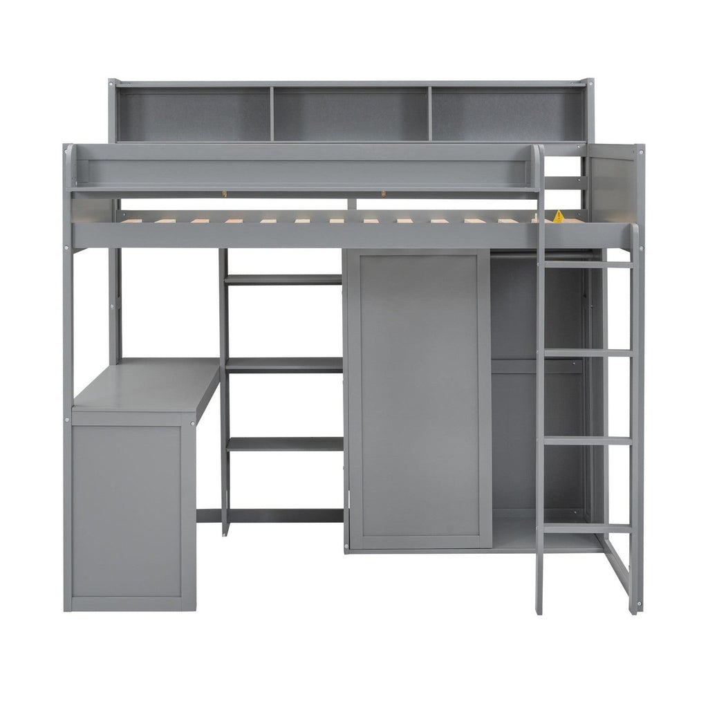 Wood Twin Size Loft bed with Multiple Storage Shelves and Wardrobe, Gray