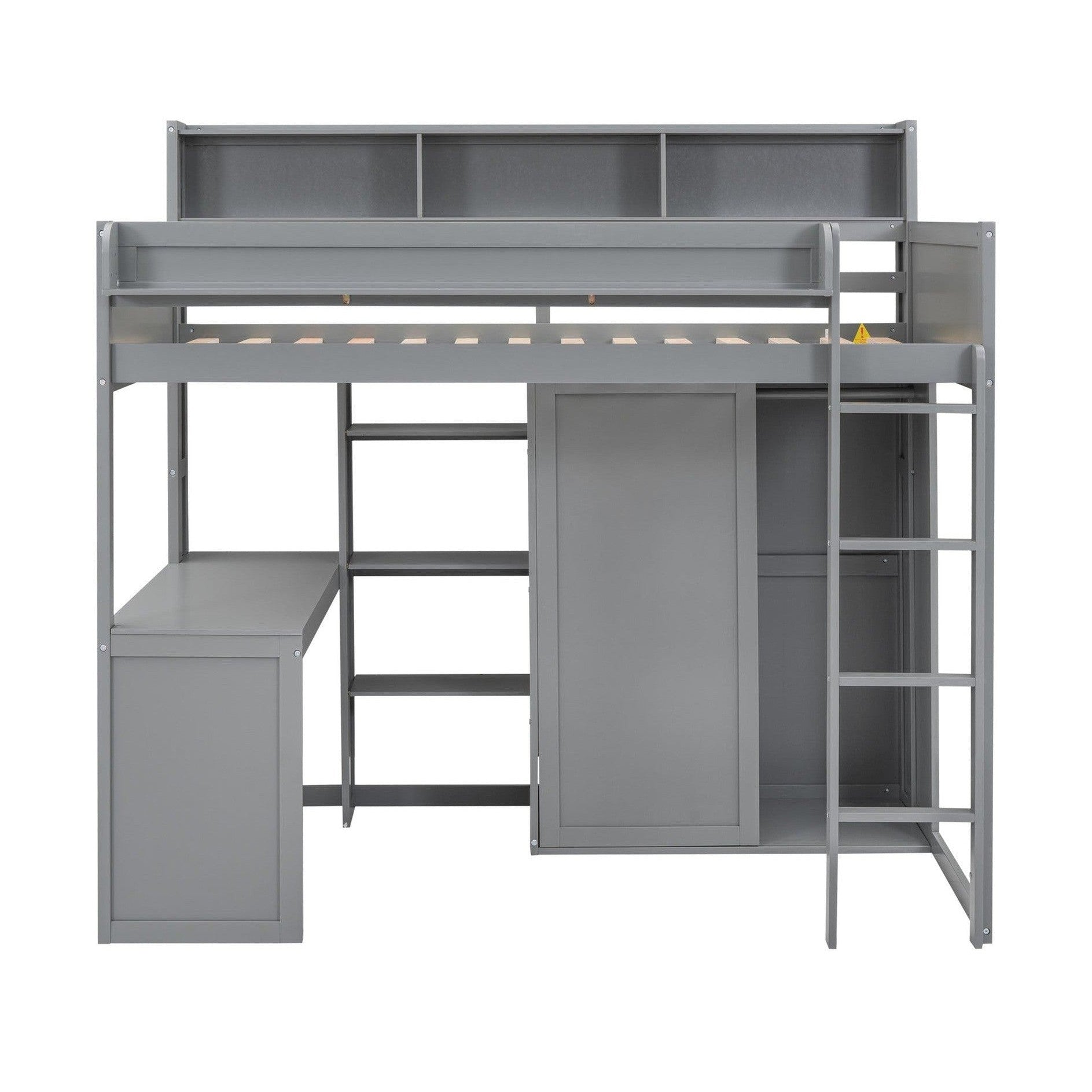 Wood Twin Size Loft bed with Multiple Storage Shelves and Wardrobe, Gray