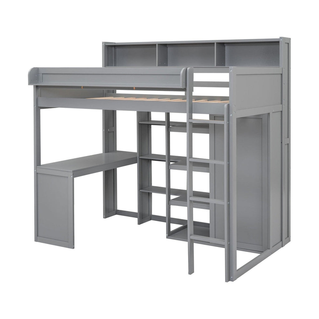 Wood Twin Size Loft bed with Multiple Storage Shelves and Wardrobe, Gray