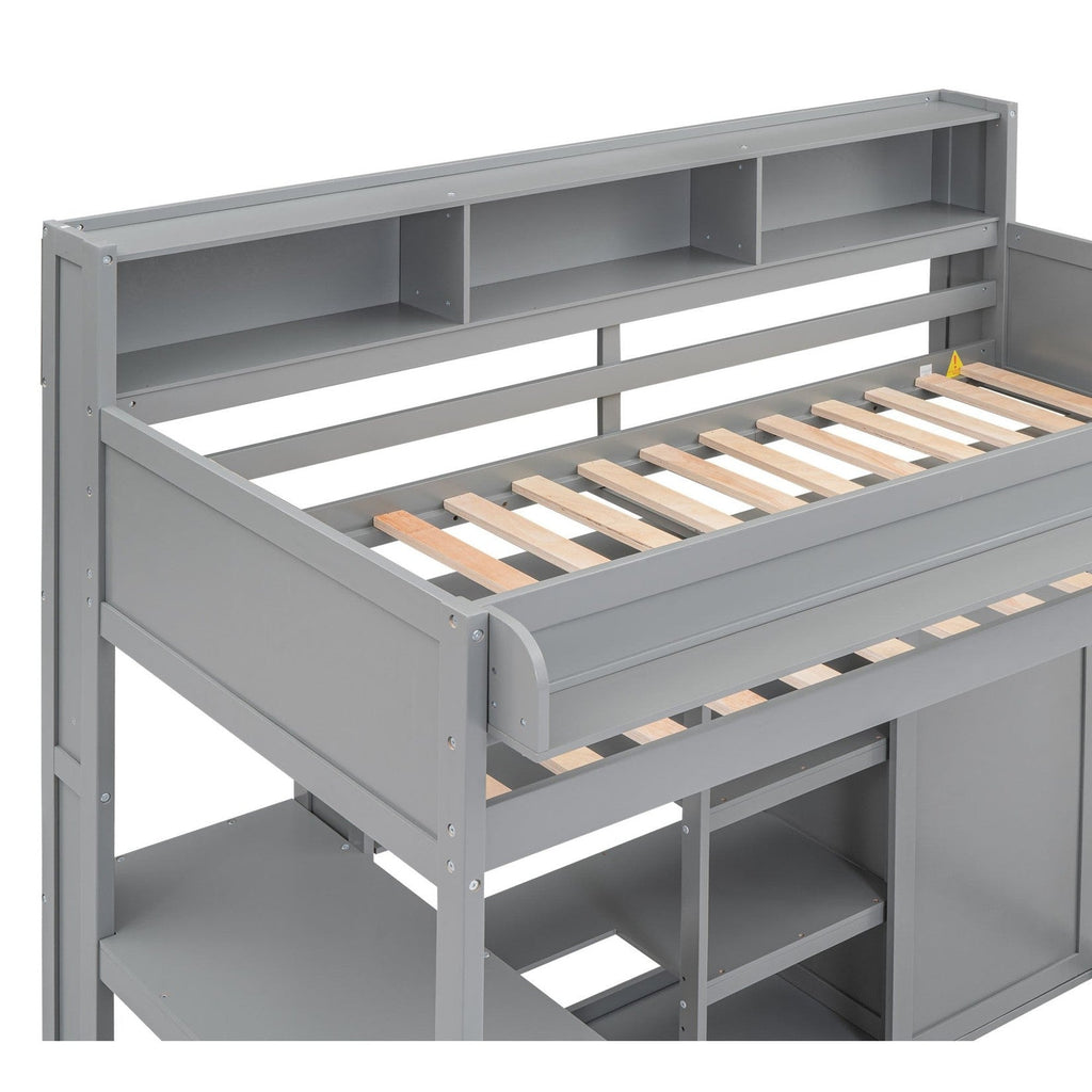 Wood Twin Size Loft bed with Multiple Storage Shelves and Wardrobe, Gray