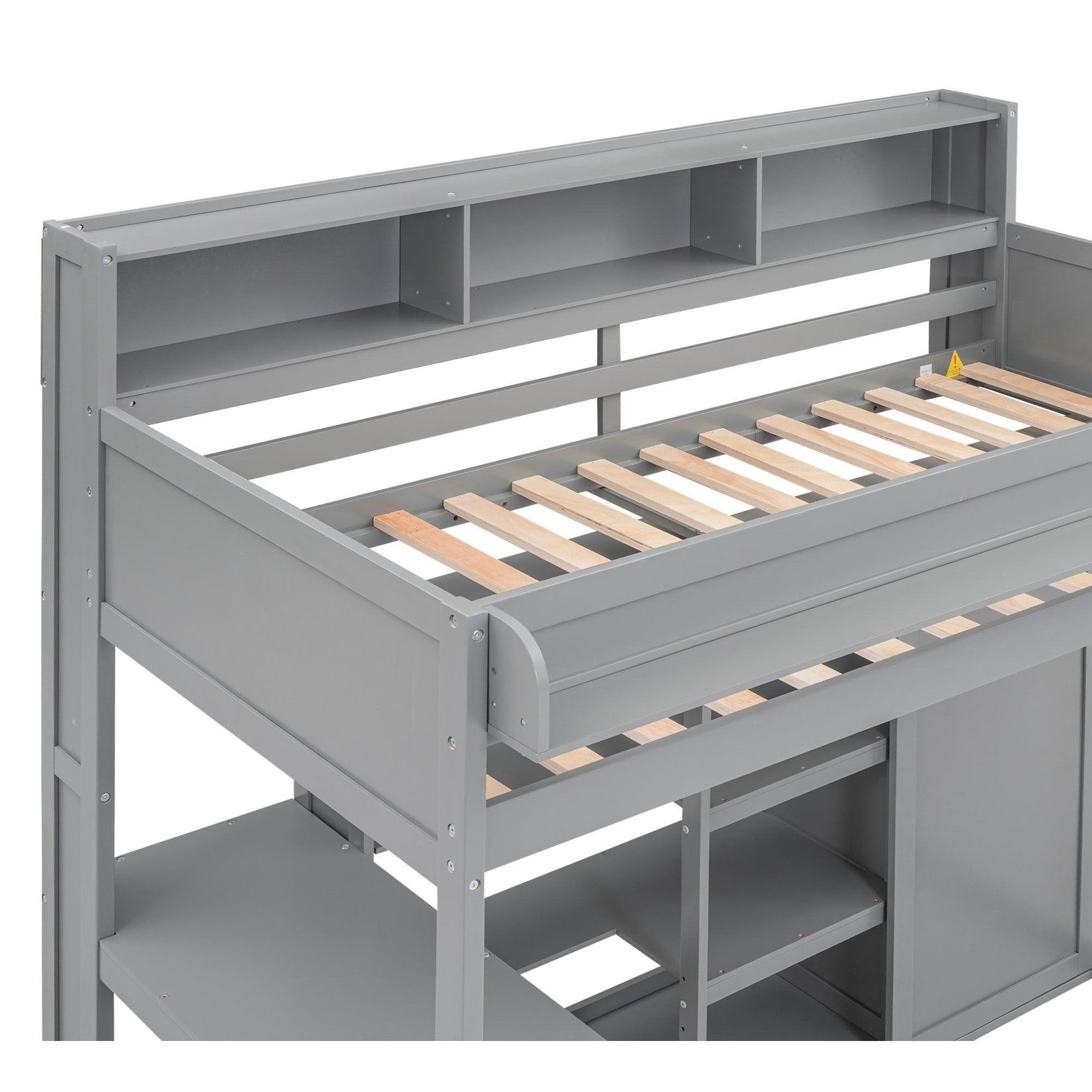 Wood Twin Size Loft bed with Multiple Storage Shelves and Wardrobe, Gray