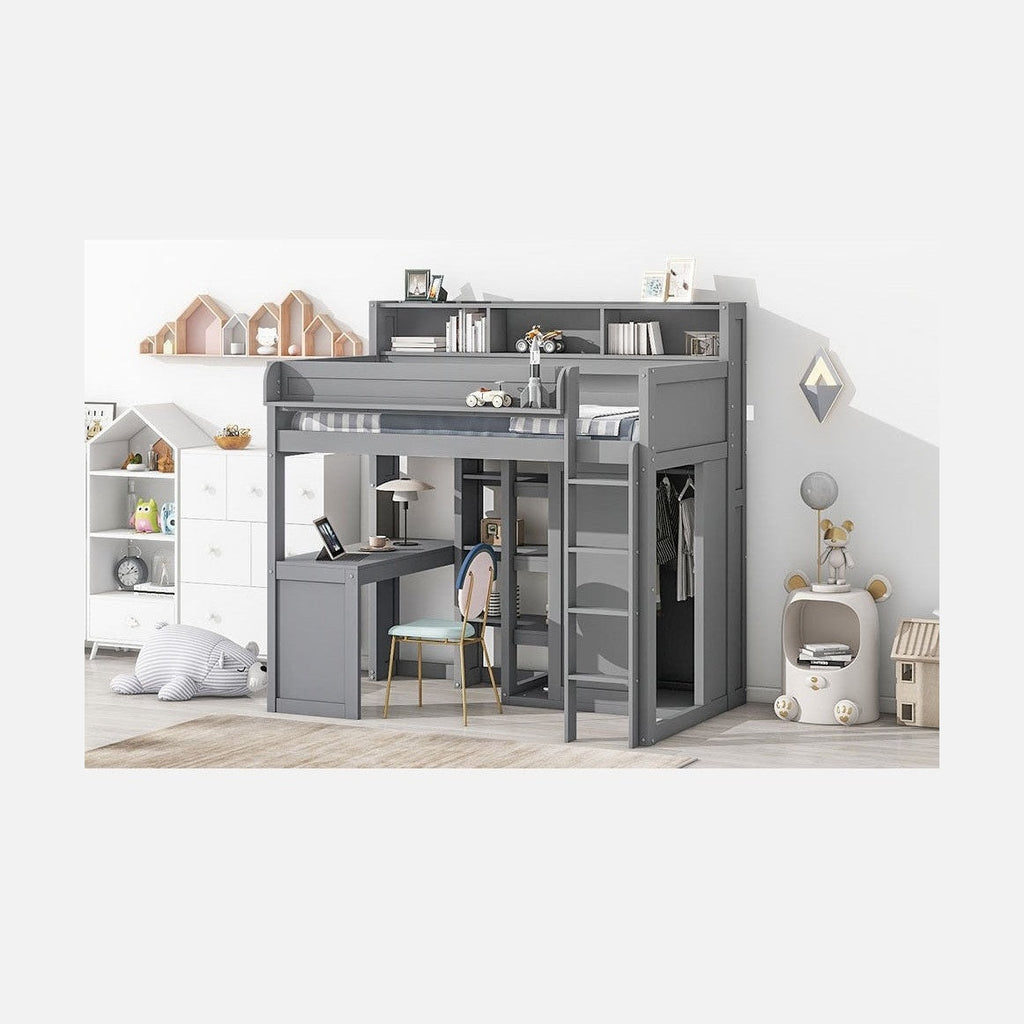 Wood Twin Size Loft bed with Multiple Storage Shelves and Wardrobe, Gray