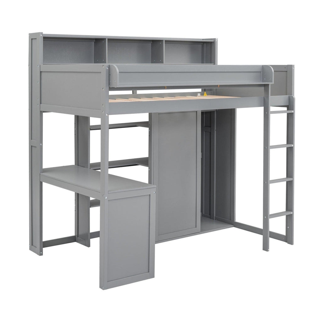 Wood Twin Size Loft bed with Multiple Storage Shelves and Wardrobe, Gray