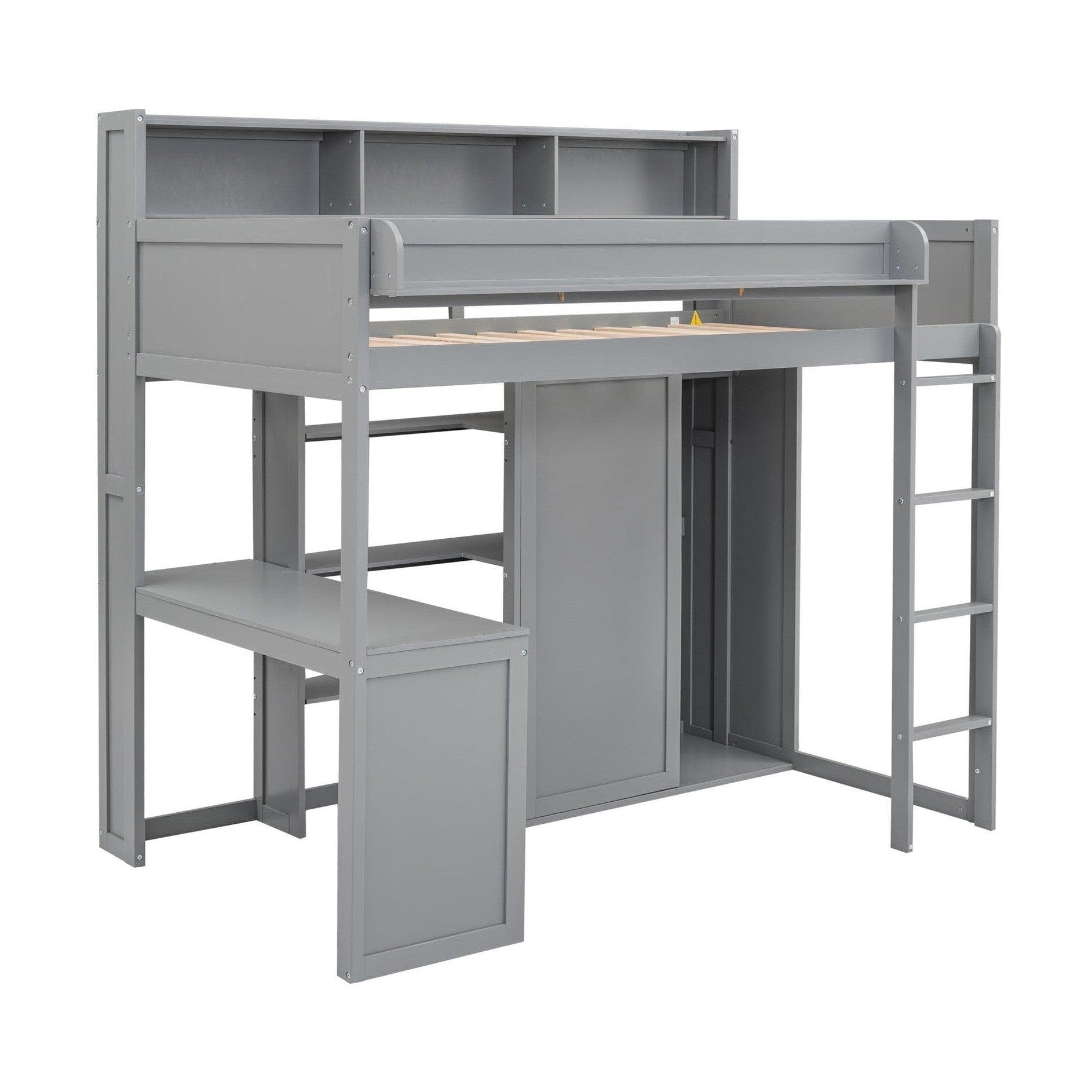 Wood Twin Size Loft bed with Multiple Storage Shelves and Wardrobe, Gray