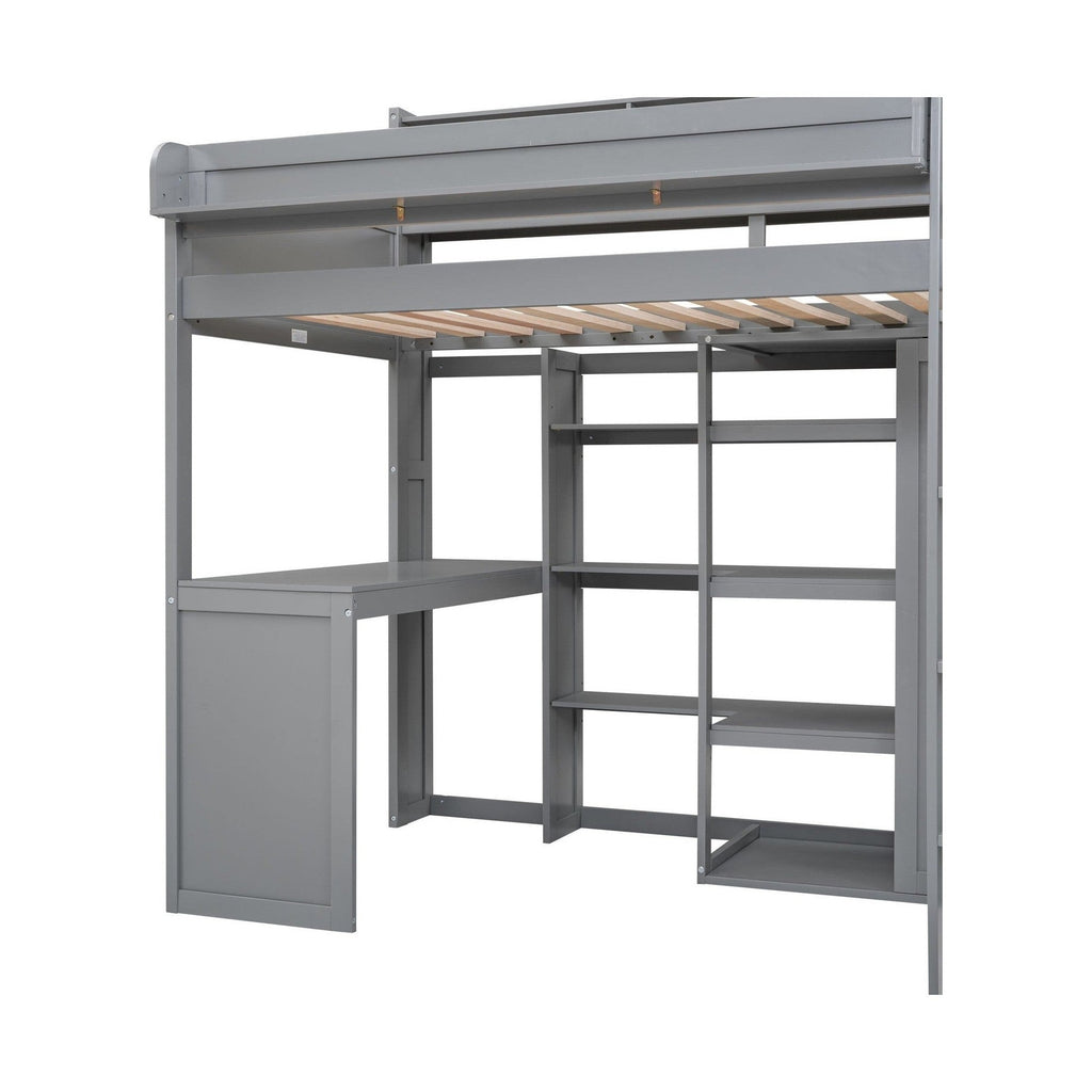 Wood Twin Size Loft bed with Multiple Storage Shelves and Wardrobe, Gray