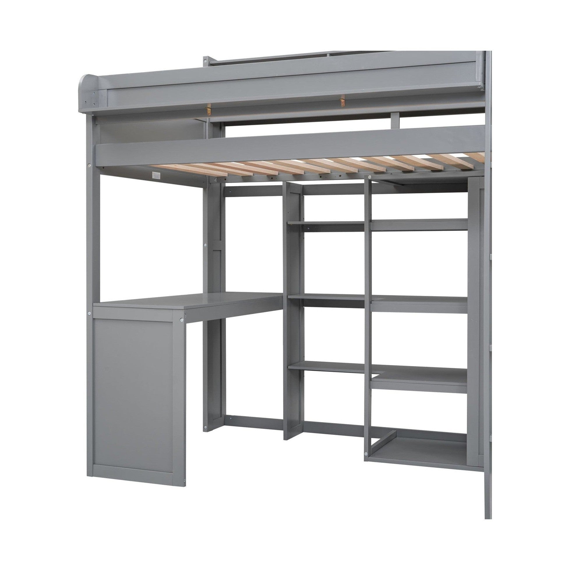 Wood Twin Size Loft bed with Multiple Storage Shelves and Wardrobe, Gray