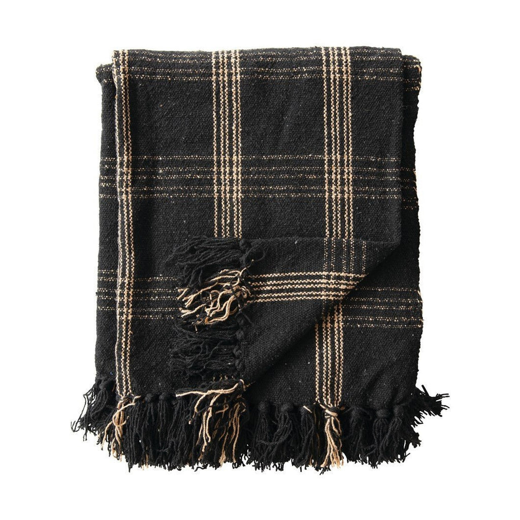 Woven Cotton Blend Throw Blanket with Fringe, Black & Tan Plaid
