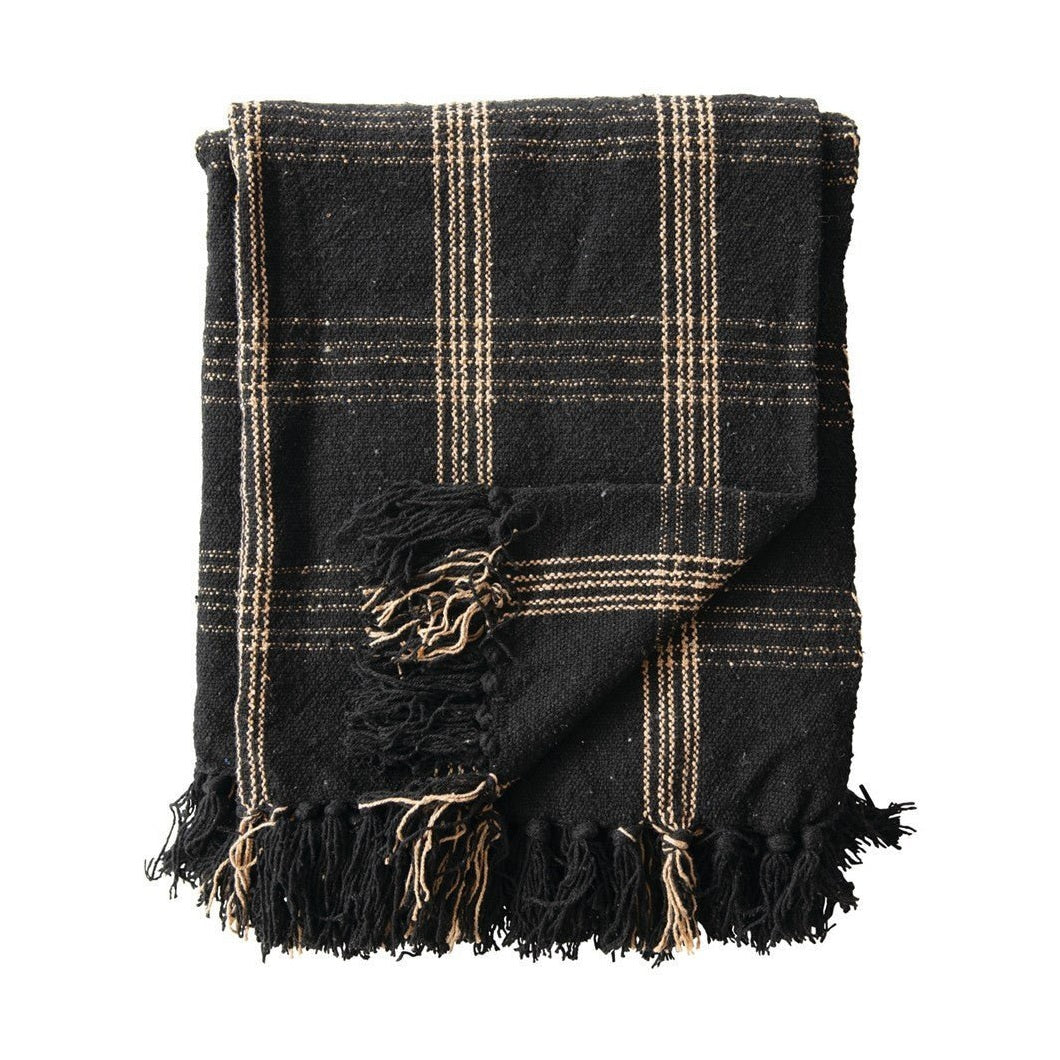 Woven Cotton Blend Throw Blanket with Fringe, Black & Tan Plaid