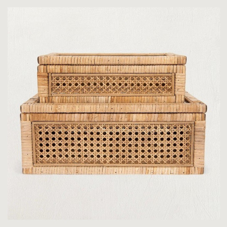 Woven Rattan & Wood Display Boxes with Glass Lid, Set of 2