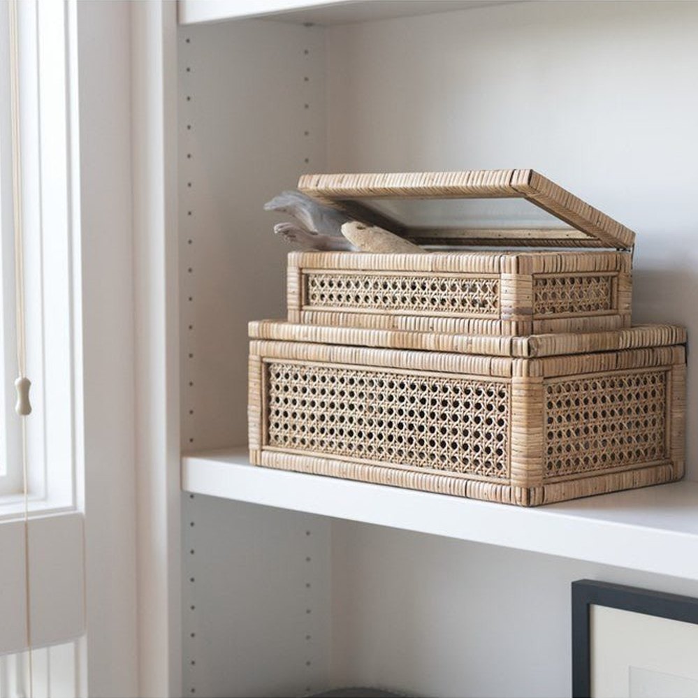 Woven Rattan & Wood Display Boxes with Glass Lid, Set of 2