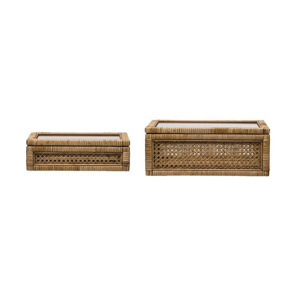 Woven Rattan & Wood Display Boxes with Glass Lid, Set of 2