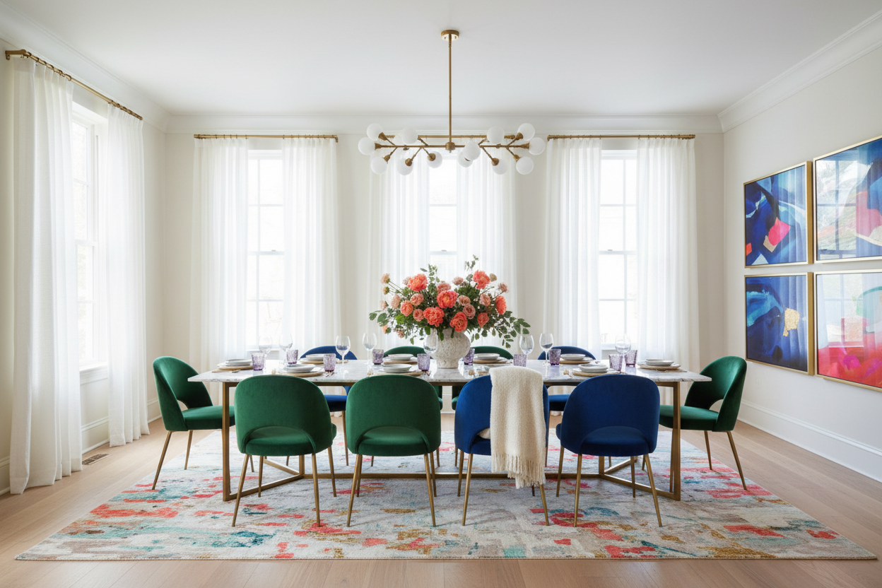 Bright and Light with pops of color- a dining room like from a magazine