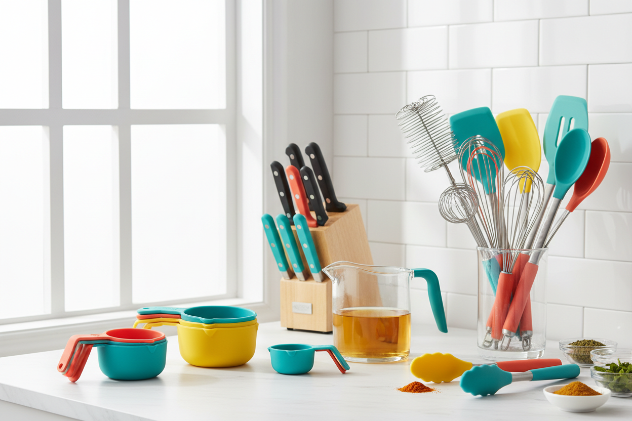 Kitchen Tools & Utensils- Bright Scene with pops of color showing Tools like measuring cups, Gravy seperators etc
